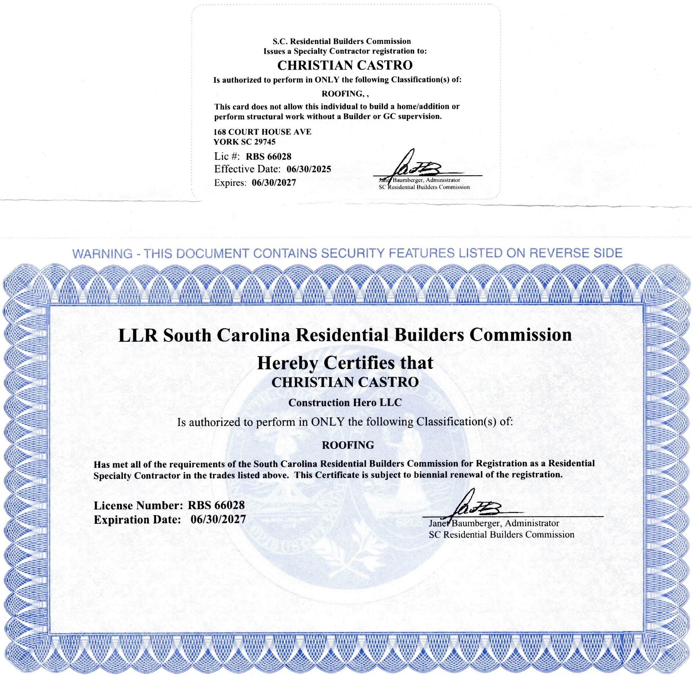 Roofing license document published on Roofing Hero website